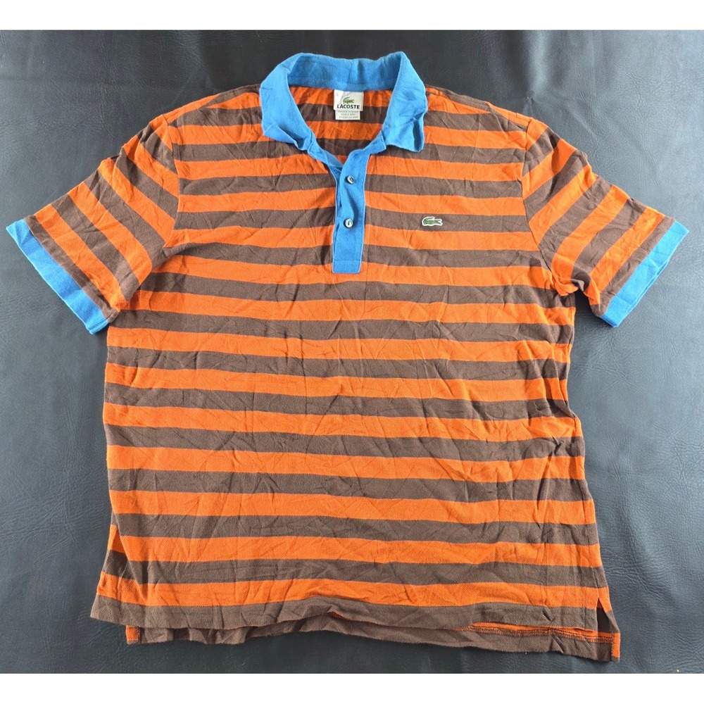 Lacoste Mens Stripe Polo Shirt Orange Brown Blue Collar Size 5 L Short Sleeve